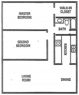 Floor plan for 2 beds, 1 bath, 777 sqft